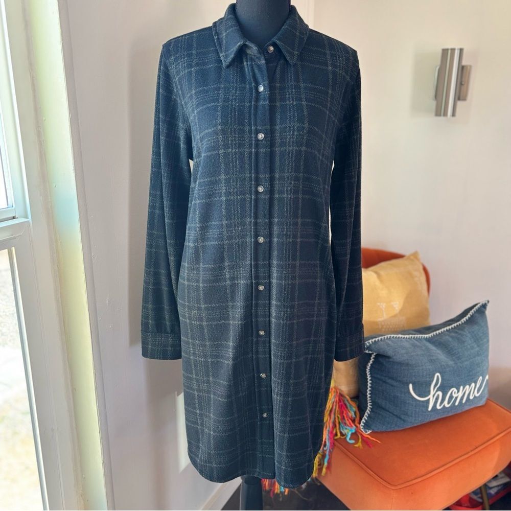 Faherty Legend Knit Charcoal Dakota Plaid Sweater Button Down Shirt Dress